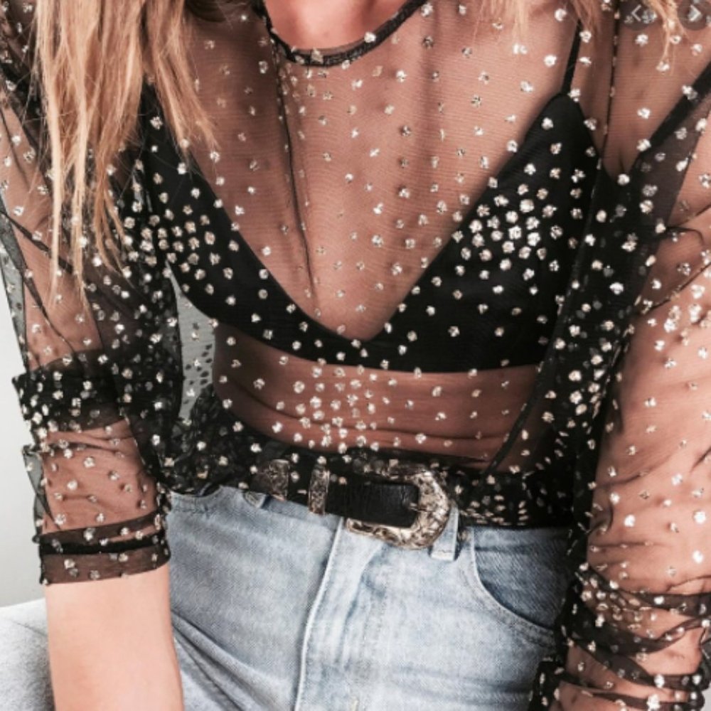 Motel Rocks Sheer Black Top Gold Sparkles